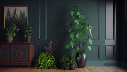 Potted plants decorate the empty living room with green walls and a hardwood floor, living room with a window Ai generated image