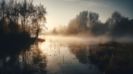 misty sunrise over lake, with reflections of trees and water.