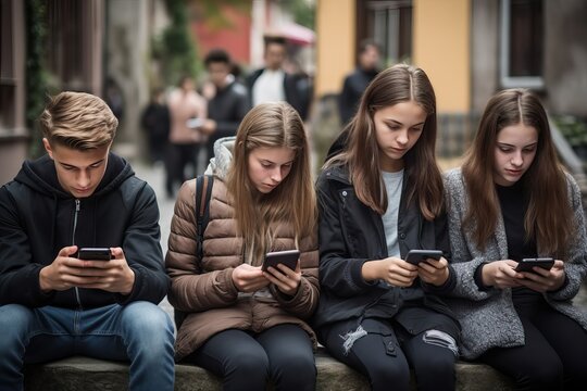 Zombie generation. Teenagers communicate online while sitting next to each other. Childhood and adolescent addiction to social networks. Escape from real life to the internet.