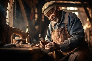 Smiling elderly African American man during his working in a workshop. Small business for the production and repair of wooden furniture.