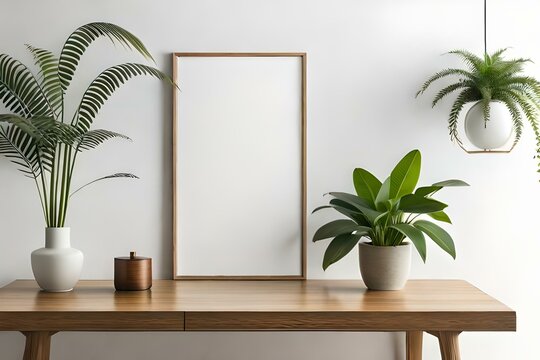 Wooden poster frame mockup on white wall with flowers in vase and tropical plants, blank vertical frame in the office