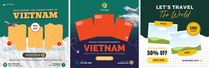 Travel flyer or poster brochure design layout. 3 colorful Travel flyer template for travel agency - obrazy, fototapety, plakaty