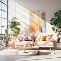 Modern bright colorful living room design, comfortable sofa on white wall background, summer home