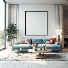 Frame mockup, Modern bright living room design, comfortable sofa on white wall background