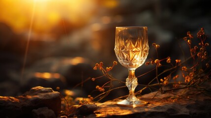 A wine glass sitting on top of a rock. Generative AI. Yom Kipur, Jewish High Holy Days. Yom Kipur, Jewish High Holy Days.