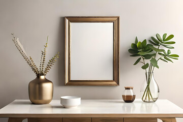 Empty wooden picture frame mockup hanging on beige wall background. Boho shaped vase, dry flowers on table. Cup of coffee. Working space, home office. Art, poster display. Modern interior , table
