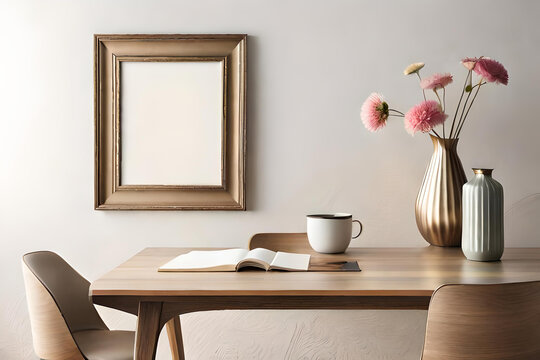 Empty wooden picture frame mockup hanging on beige wall background. Boho-shaped vase, dry flowers on the table. Cup of coffee. Working space, home office. Art, poster display. Modern tables and chairs