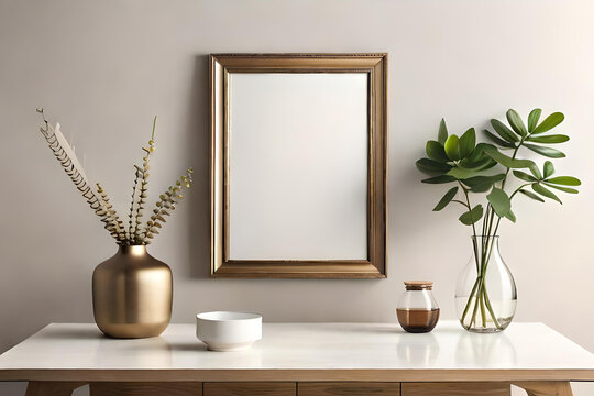 Empty wooden picture frame mockup hanging on beige wall background. Boho shaped vase, dry flowers on table. Cup of coffee. Working space, home office. Art, poster display. Modern interior , table