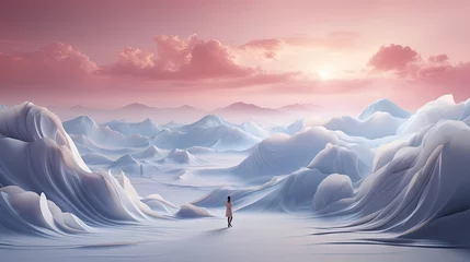Cercles muraux Rose clair  a person standing in a snowy landscape with mountains in the background.  generative ai