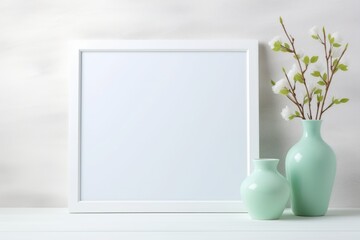 Two vases and a picture frame on a table. Generative AI. Mockup for your art project, poster, illustration or lettering.