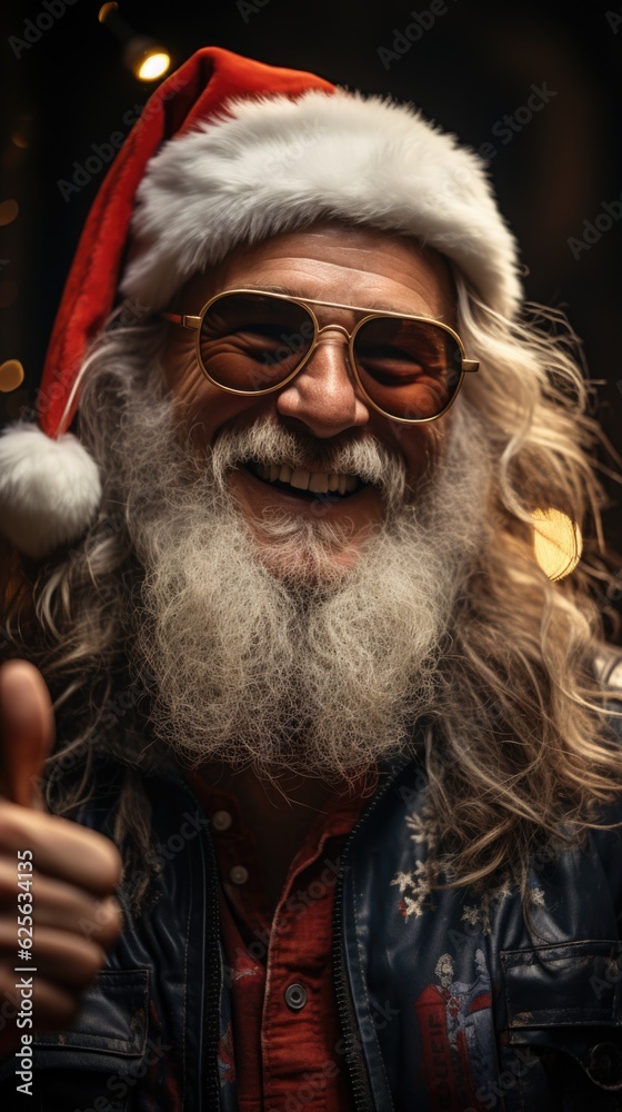 Poster a man wearing a santa hat and sunglasses giving a thumbs up. generative ai. .