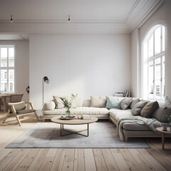Modern living room design, Wooden furniture with warm cozy feeling, bright neutral colors
