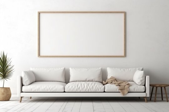 A living room with a white couch and a picture frame. Generative AI. Mockup for your art project, poster, illustration or lettering.
