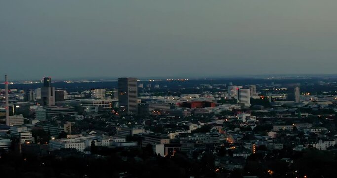 Drone panc over Frankfurt am Main skyline in the evening light