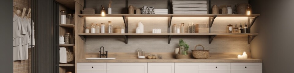 home storage area organize management home interior design pantry shelf and storage for store food and stuff in kitchen home design concept,ai generate - obrazy, fototapety, plakaty