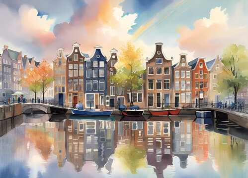 Watercolor painting of a canal with gabled houses in Amsterdam. Generative AI