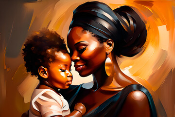 Mother love. African woman holding her baby girl. Oil painting style.