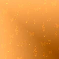 A pattern of notes, violin clefs and butterflies on a yellow brown background. Raster illustration