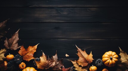 A group of pumpkins and leaves on a table. Generative AI. Thanksgiving season decor, copy-space, place for text.