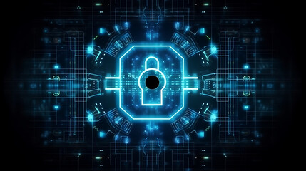 Future Technology Cyber Security. Neon Lightning HUD and Lock Icon Ensure Digital Data Network Protection. Generative AI