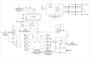 Vector drawing electrical circuit with operational 
amplifier, capacitor, integrated circuit, 
transformer, switch, diode, power supply 
and resistor. Schematic diagram of electronic device.