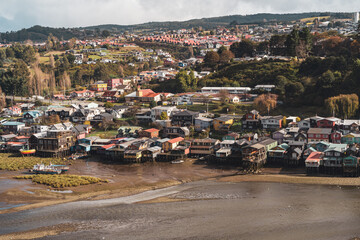 Fototapeta na wymiar palafitos stilted houses in Castro on chiloe in Chile at low tide