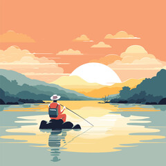 Vector of a serene sunset boat ride on calm waters