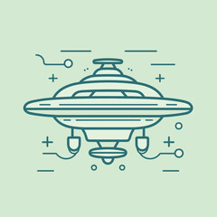 Vector of a flying saucer in a minimalist line drawing on a vibrant green background