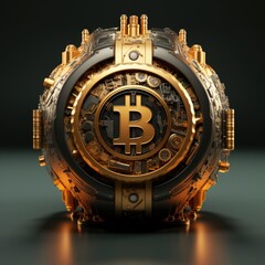 A golden bitcoin sitting on top of a table. Generative AI. Concept for cyber security to protect cryptocurrency.