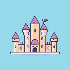 Fototapeta premium Vector of a vibrant and whimsical pink castle with purple turrets against a serene blue background