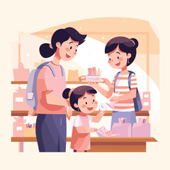 Vector of a woman serving food to two children at a table