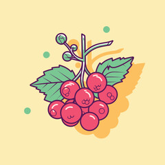 Vector of a vibrant bunch of cherries with leaves on a sunny yellow background