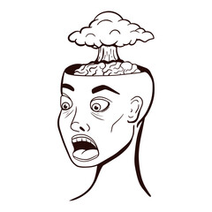 Vector doodle image with Humans head with open brain case with a cloud of a huge nuclear explosion. Mind Blowing concept.