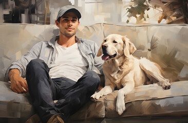 Illustration of young man dressed in casual clothes sitting on the sofa with his dog. Clear and enveloping lighting.