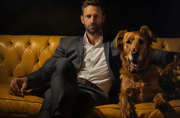 Illustration of young man dressed in smart casual clothes sitting on the sofa with his dog. Pet concept, man's best friend. Subtle lighting with lights and shadows