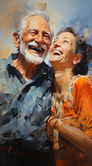 Obraz premium Portrait of funny smiling elderly couple. Art painting style image. Portrait format.
