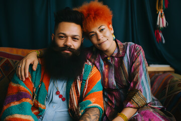 Hippie style middle aged Hindu couple hugging on sofa wearing colorful Indian clothes. The man has a long beard and the woman has orange hair.