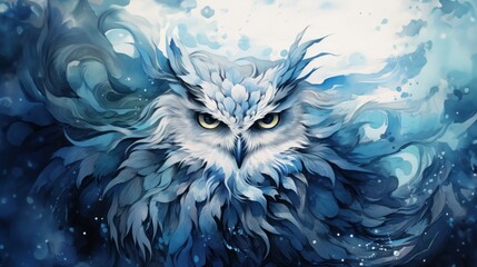 Majestic horned owl in winter with beautiful big yellow eyes and ice blue feathers, wallpaper background art illustration - generative AI