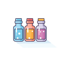 Vector of three bottles containing various colored liquids on a flat surface