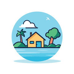 Vector of a solitary house on a small island surrounded by the vast ocean