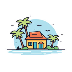 Obraz premium Vector of a cozy island getaway with a charming house surrounded by palm trees