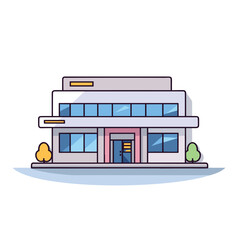 Obraz premium Vector of a flat building surrounded by trees and bushes