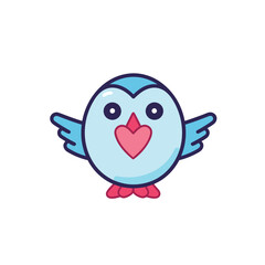 Flat vector icon a cute blue bird holding a heart in its beak, isolated on a white background