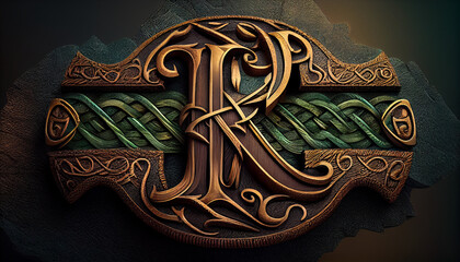 Viking knotwork in the shape of the letter T, green lettering with golden gilded edges, backdrop on brown leather, dynamic lighting, Ai generated image