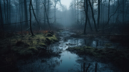 Fototapeta premium Mysterious forest swamp at foggy night or dusk.