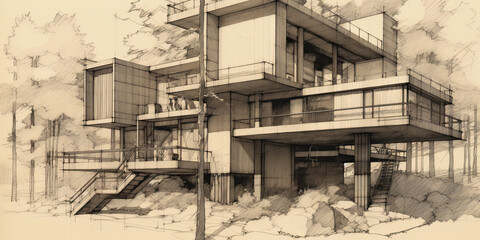 Detailed pencil sketch of modern suburban house. Abstract imaginary building concept. Generative AI