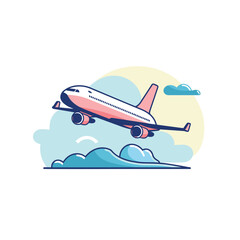 Flat vector icon an airplane soaring above the fluffy clouds with a flat vector style