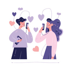 Flat vector icon a man and a woman using their cell phones