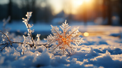 detail of a Snowflake in front of a winter landscape with snow bokeh sparkling - obrazy, fototapety, plakaty