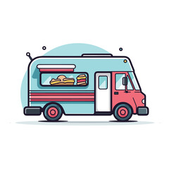 Flat vector icon a food truck showcasing a delicious sandwich in its window
